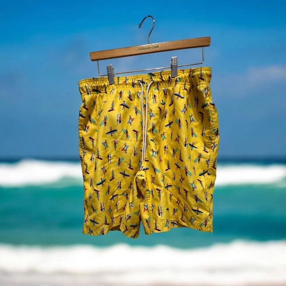 Lands' End Yellow Surfboard Print Swim Trunks size large